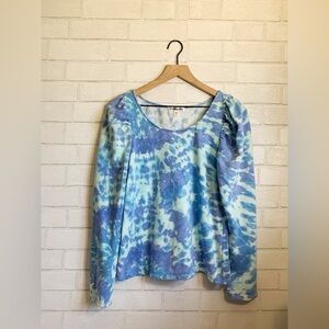 Super Soft Wide Neck Puff Sleeve Tie Dye Blue & Purple Sweater Top